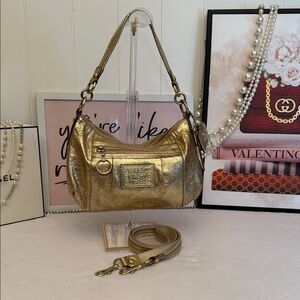 Authentic Coach Poppy Gold Metallic Leather Shoulder Bag Y2K Crossbody 15287